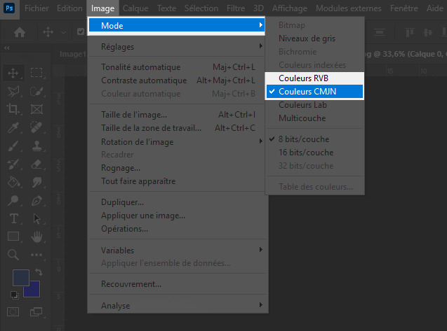 Image > Mode > Couleurs RVB / CMJN